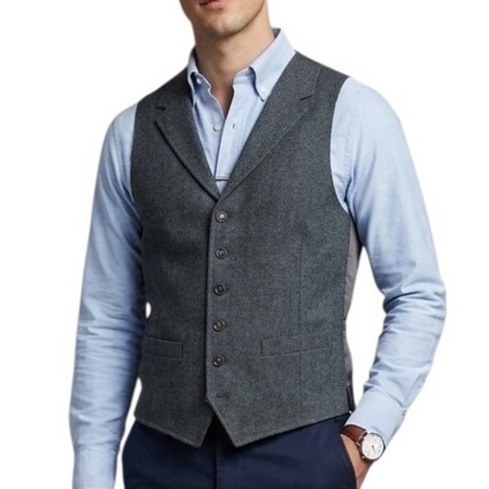 Mens Gray 100% Merino Wool Classic Fit Notched Lapel Vest Waistcoat Size Small